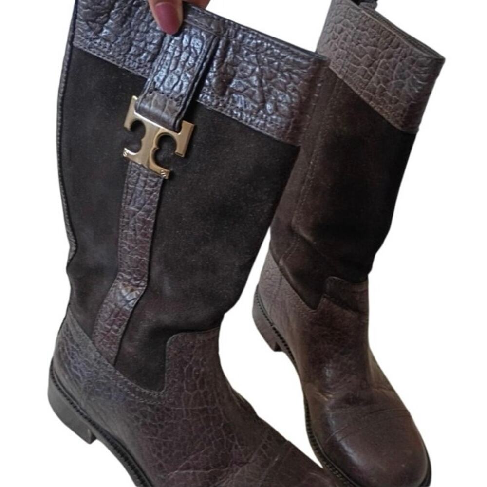 Tory Burch "Corey" mid-calf boots brown suede and croc-embossed textured leather